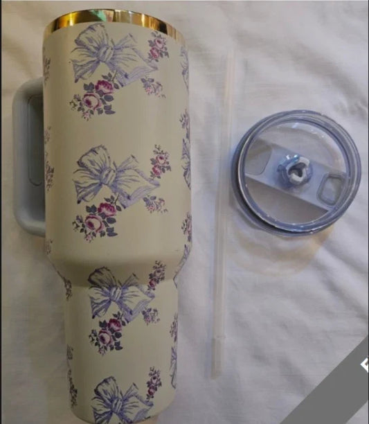 40oz Floral Bow Stainless Steel Insulated Tumbler with Handle, Lid & Straw