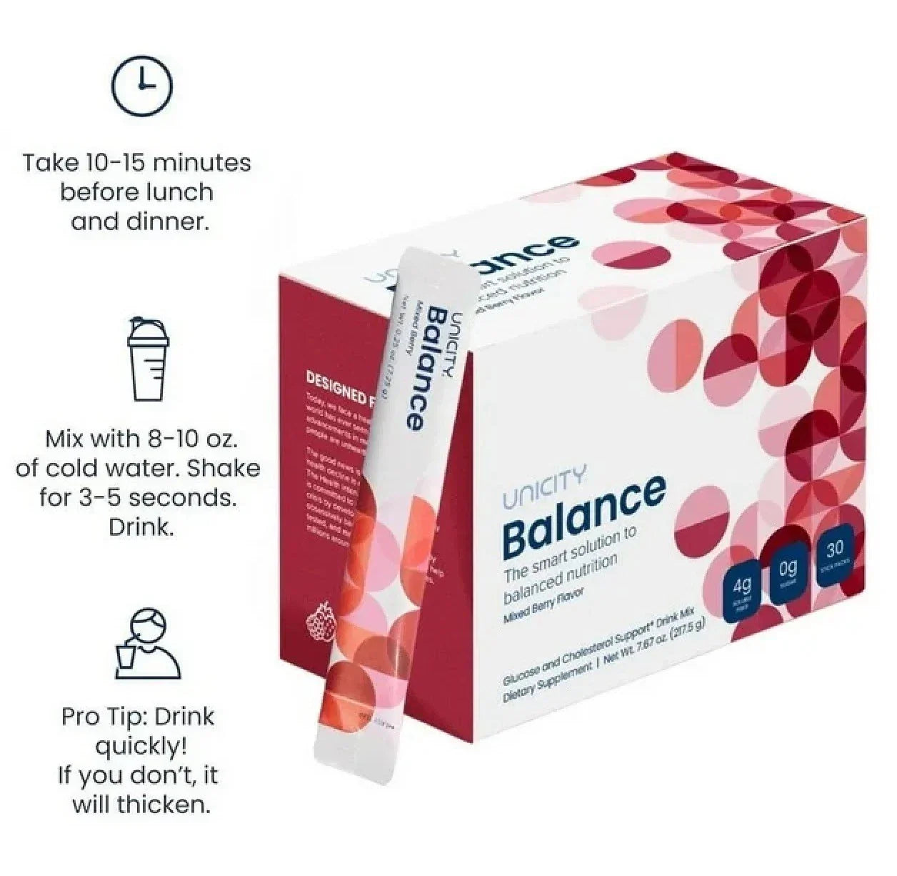 Unicity Balance Glucose & Cholesterol Support Drink Mix – Mixed Berry Flavor – 30 Stick Packs (217.5g)