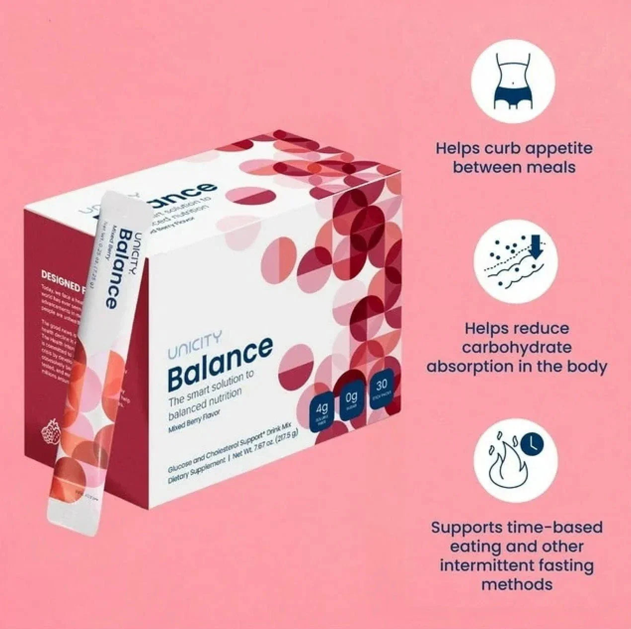 Unicity Balance Glucose & Cholesterol Support Drink Mix – Mixed Berry Flavor – 30 Stick Packs (217.5g)